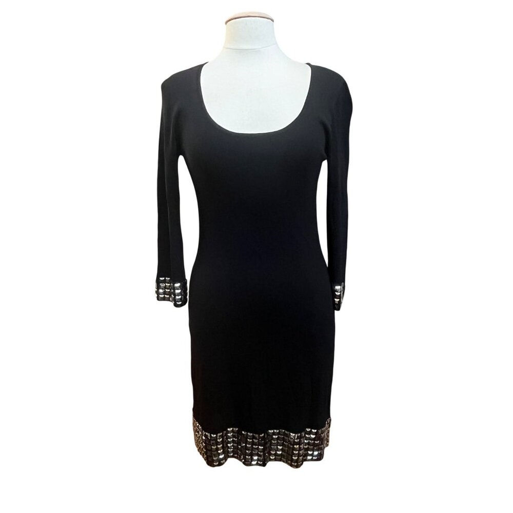 BCBGMAXAZRIA Black Bodycon Knit‎ Mini Dress Square Gem Accent Size M